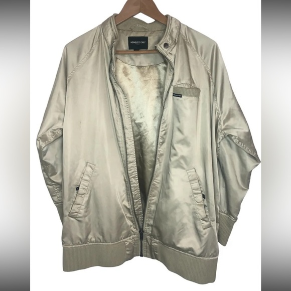 MEMBERS ONLY Iconic Classic Racer Khaki Sz L Satin Bomber Jacket 3/4 Sleeve - Picture 1 of 9